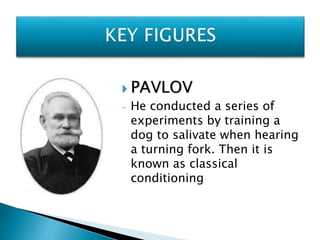  PAVLOV
- He conducted a series of
experiments by training a
dog to salivate when hearing
a turning fork. Then it is
known as classical
conditioning
 