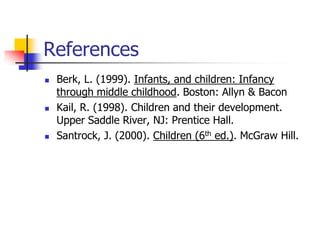 References
   Berk, L. (1999). Infants, and children: Infancy
    through middle childhood. Boston: Allyn & Bacon
   Kail, R. (1998). Children and their development.
    Upper Saddle River, NJ: Prentice Hall.
   Santrock, J. (2000). Children (6th ed.). McGraw Hill.
 