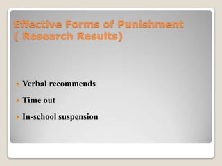 Effective Forms of Punishment
( Research Results)



Verbal recommends



Time out



In-school suspension

 