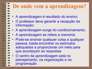 De onde vem a aprendizagem? A aprendizagem é resultado do ensino; O professor deve garantir a recepção da informação; A aprendizagem surge do condicionamento; A aprendizagem se refere a memória; Pode-se ensinar qualquer coisa a qualquer pessoa, basta encontrar os estímulos adequados e proporcionar um meio para que aconteçam as respostas O centro da aprendizagem está no planejamento, na organização e na programação 