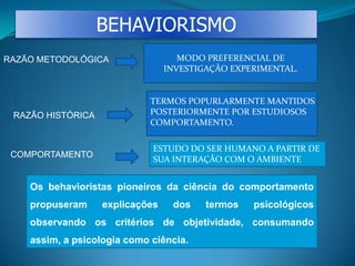 BEHAVIORISMO
RAZÃO METODOLÓGICA
RAZÃO HISTÓRICA
COMPORTAMENTO
ESTUDO DO SER HUMANO A PARTIR DE
SUA INTERAÇÃO COM O AMBIENTE
Os behavioristas pioneiros da ciência do comportamento
propuseram explicações dos termos psicológicos
observando os critérios de objetividade, consumando
assim, a psicologia como ciência.
MODO PREFERENCIAL DE
INVESTIGAÇÃO EXPERIMENTAL.
TERMOS POPURLARMENTE MANTIDOS
POSTERIORMENTE POR ESTUDIOSOS
COMPORTAMENTO.
 