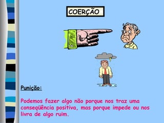 COERÇÃO

Punição:
Podemos fazer algo não porque nos traz uma
conseqüência positiva, mas porque impede ou nos
livra de algo ruim.

 