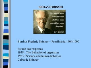 BEHAVIORISMO

Burrhus Frederic Skinner – Pensilvânia 1904/1990
Estudo das respostas
1938 : The Behavior of organisms
1953 : Science and human behavior
Caixa de Skinner

 