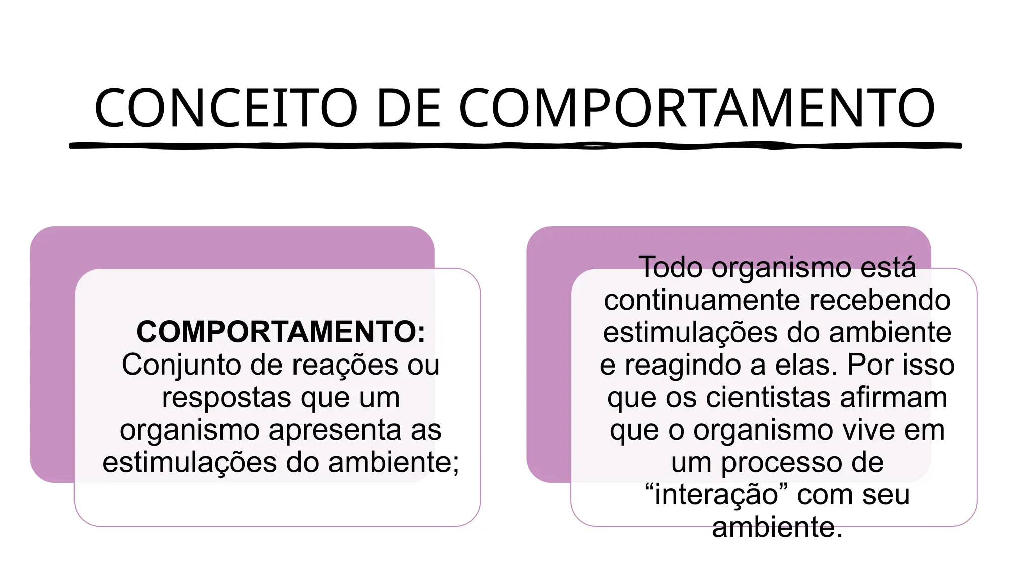 CONCEITO DE COMPORTAMENTO
COMPORTAMENTO:
Conjunto de reações ou
respostas que um
organismo apresenta as
estimulações do ambiente;
Todo organismo está
continuamente recebendo
estimulações do ambiente
e reagindo a elas. Por isso
que os cientistas afirmam
que o organismo vive em
um processo de
“interação” com seu
ambiente.
 