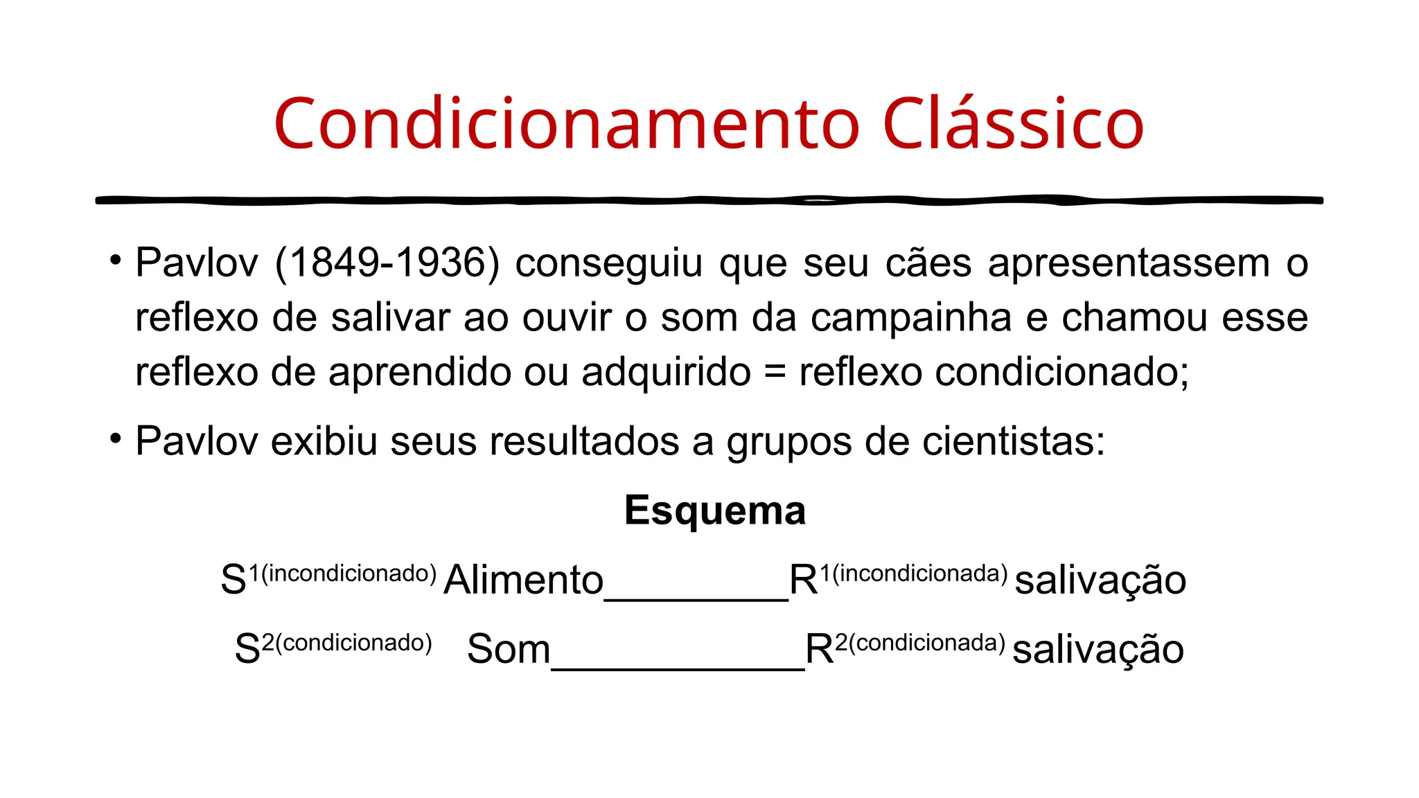 Condicionamento Clássico
• Pavlov (1849-1936) conseguiu que seu cães apresentassem o
reflexo de salivar ao ouvir o som da campainha e chamou esse
reflexo de aprendido ou adquirido = reflexo condicionado;
• Pavlov exibiu seus resultados a grupos de cientistas:
Esquema
S1(incondicionado)
Alimento________R1(incondicionada)
salivação
S2(condicionado)
Som___________R2(condicionada)
salivação
 