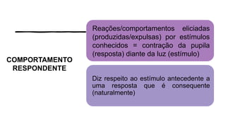 COMPORTAMENTO
RESPONDENTE
Reações/comportamentos eliciadas
(produzidas/expulsas) por estímulos
conhecidos = contração da pupila
(resposta) diante da luz (estímulo)
Diz respeito ao estímulo antecedente a
uma resposta que é consequente
(naturalmente)
 