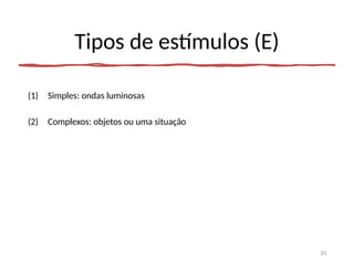 Tipos de estímulos (E)
(1) Simples: ondas luminosas
(2) Complexos: objetos ou uma situação
10
 