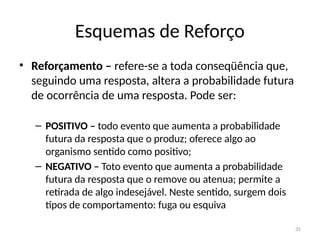 35
Esquemas de Reforço
• Reforçamento – refere-se a toda conseqüência que,
seguindo uma resposta, altera a probabilidade futura
de ocorrência de uma resposta. Pode ser:
– POSITIVO – todo evento que aumenta a probabilidade
futura da resposta que o produz; oferece algo ao
organismo sentido como positivo;
– NEGATIVO – Toto evento que aumenta a probabilidade
futura da resposta que o remove ou atenua; permite a
retirada de algo indesejável. Neste sentido, surgem dois
tipos de comportamento: fuga ou esquiva
 