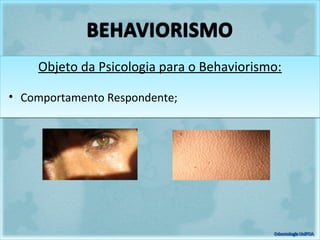 Objeto da Psicologia para o Behaviorismo:Objeto da Psicologia para o Behaviorismo:
• Comportamento Respondente;
 