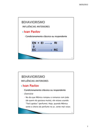 28/03/2012
7
INFLUÊNCIAS ANTERIORES
Ivan Pavlov
◦ Condicionamento clássico ou respondente
13
EN + EI RI
EC RC
INFLUÊNCIAS ANTERIORES
Ivan Pavlov
◦ Condicionamento clássico ou respondente
◦ Exercício
No dia que Mônica rompeu o romance com João
(de quem ela gostava muito), ele estava usando
“Ted Lapidus” (perfume). Hoje, quando Mônica
sente o cheiro do perfume no ar, sente mal-estar.
14
 