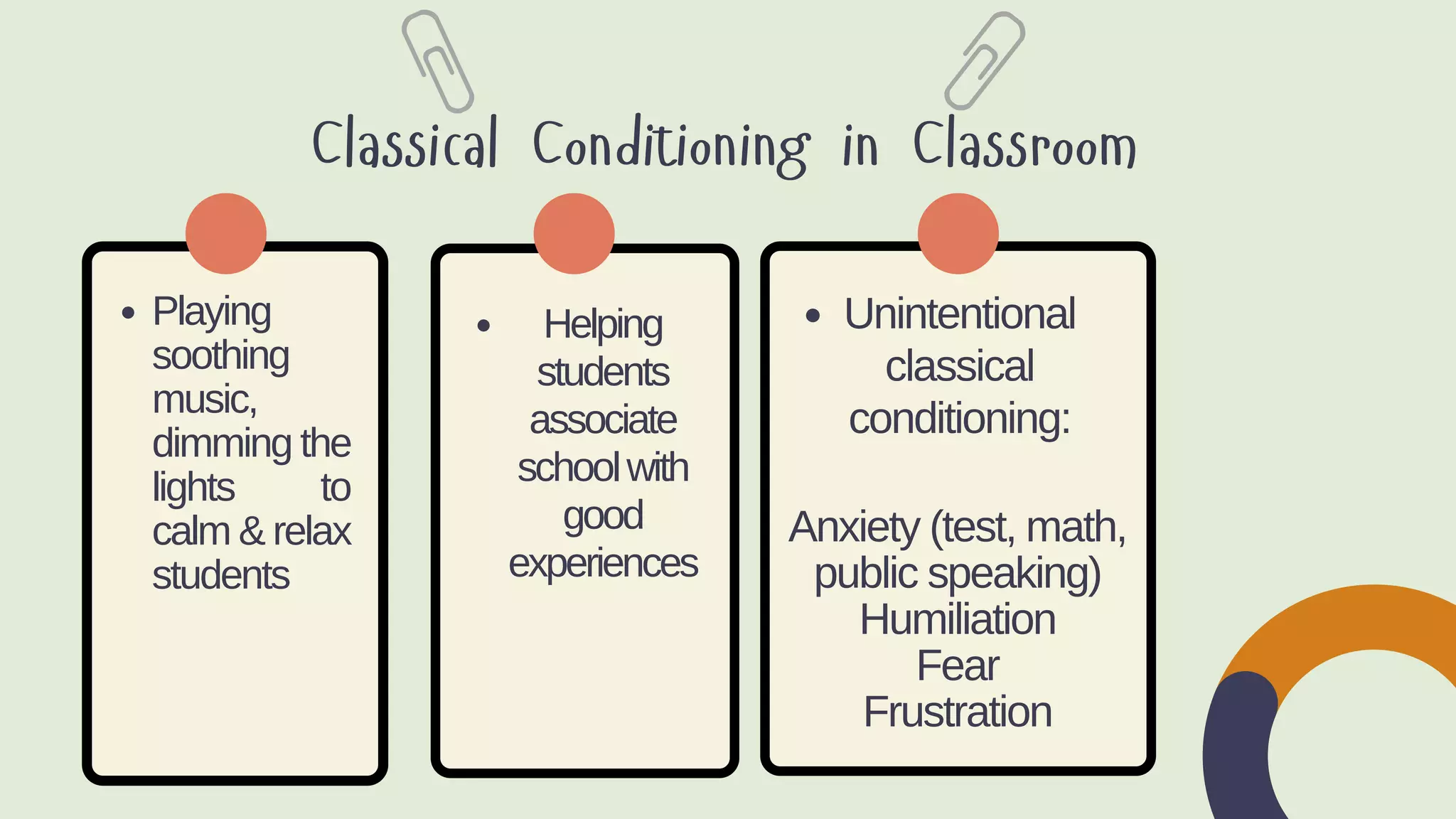 Playing
soothing
music,
dimming the
lights to
calm & relax
students
Classical Conditioning in Classroom
Helping
students
associate
schoolwith
good
experiences
Unintentional
classical
conditioning:
Anxiety (test, math,
public speaking)
Humiliation
Fear
Frustration
 