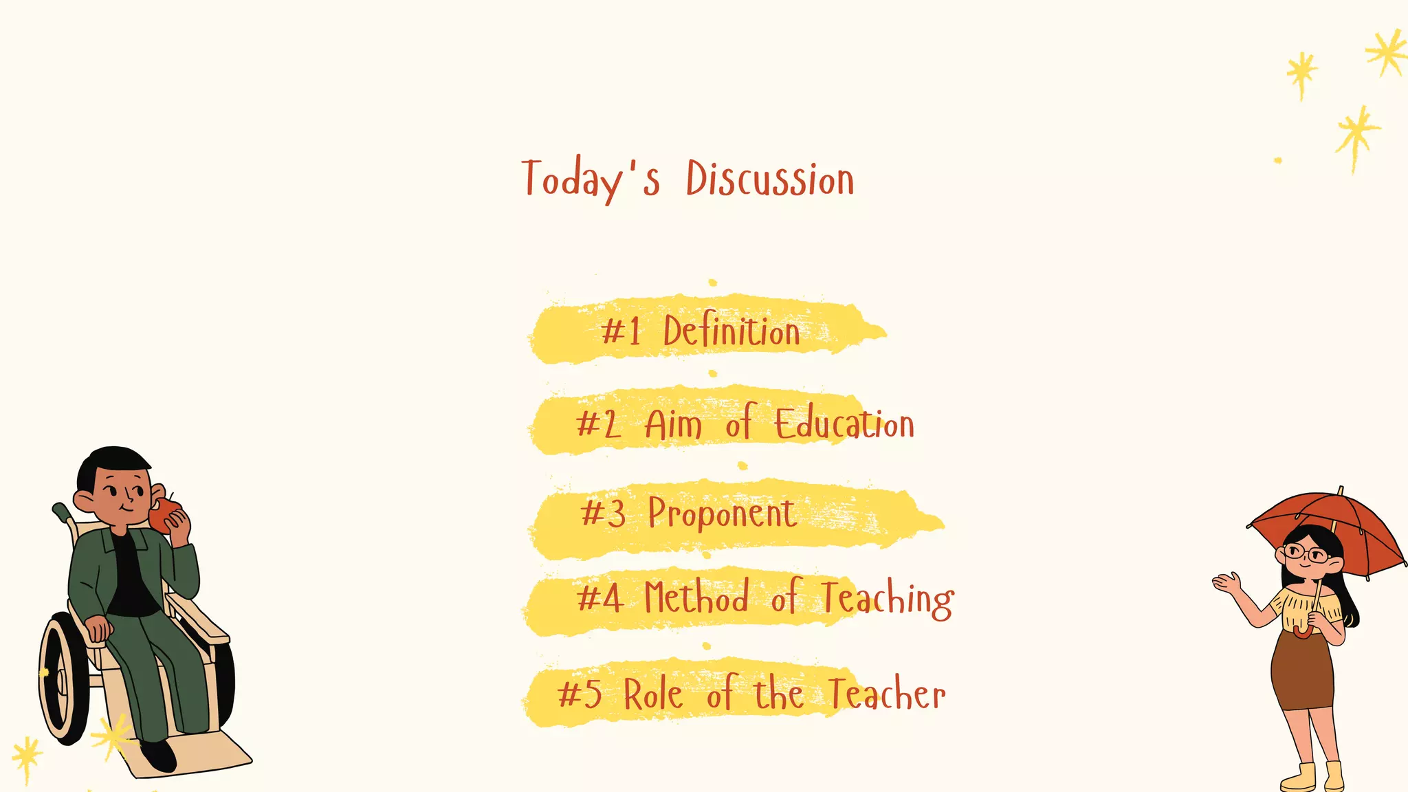 #1 Definition
#3 Proponent
#2 Aim of Education
#4 Method of Teaching
#5 Role of the Teacher
Today's Discussion
 