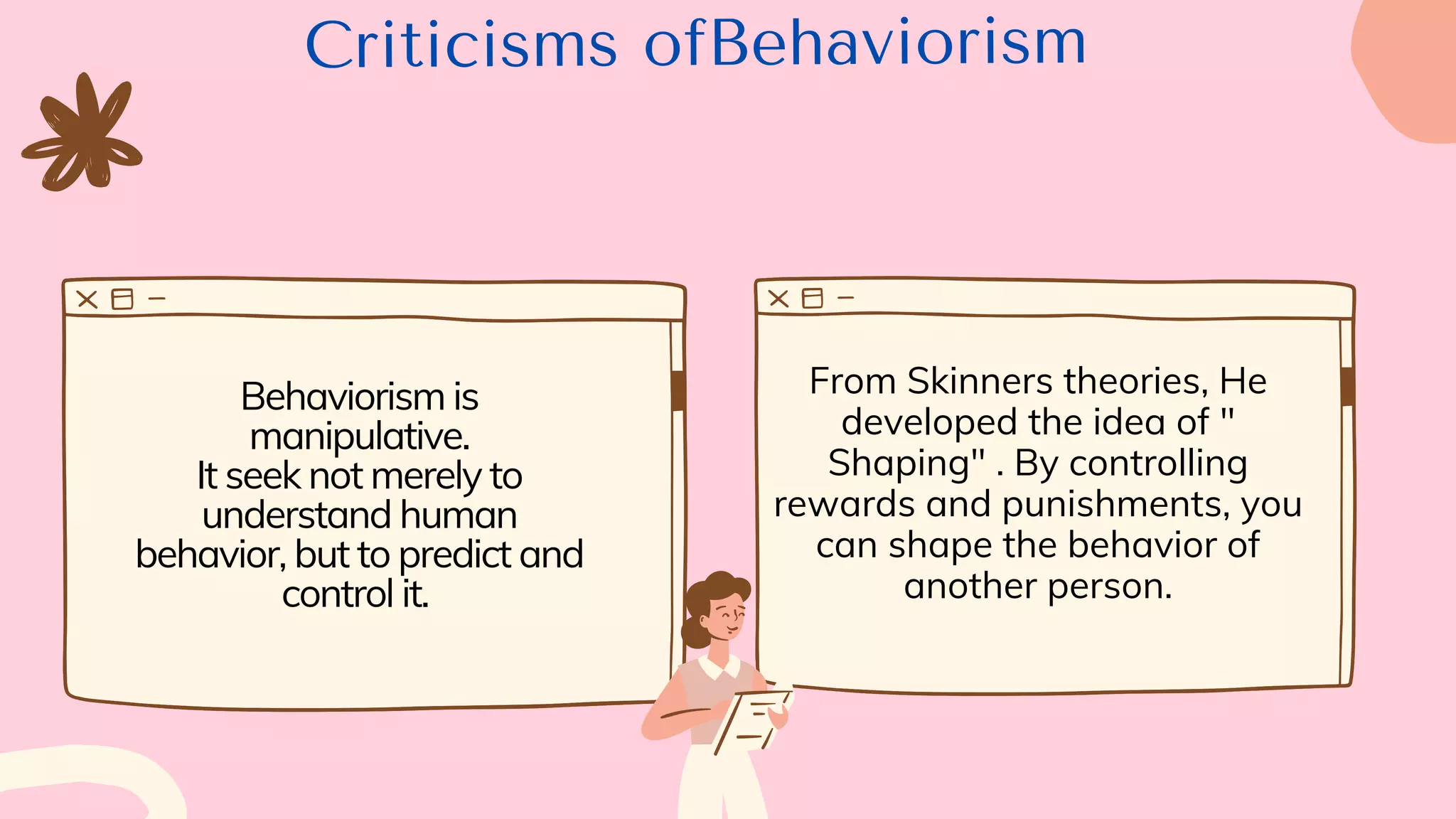 Criticisms ofBehaviorism
Behaviorism is
manipulative.
It seek not merely to
understand human
behavior, but to predict and
control it.
From Skinners theories, He
developed the idea of "
Shaping" . By controlling
rewards and punishments, you
can shape the behavior of
another person.
 