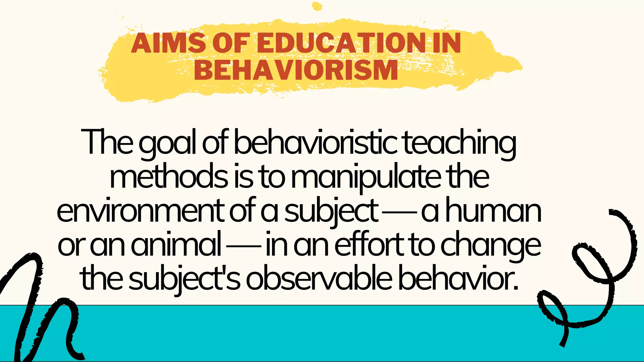 AIMS OF EDUCATION IN
BEHAVIORISM
Thegoalofbehavioristicteaching
methodsistomanipulatethe
environmentofasubject—ahuman
orananimal—inanefforttochange
thesubject'sobservablebehavior.
 