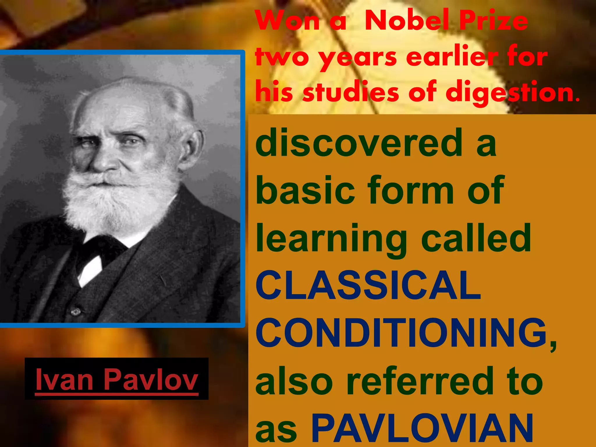 Ivan Pavlov
Won a Nobel Prize
two years earlier for
his studies of digestion.
discovered a
basic form of
learning called
CLASSICAL
CONDITIONING,
also referred to
as PAVLOVIAN
 