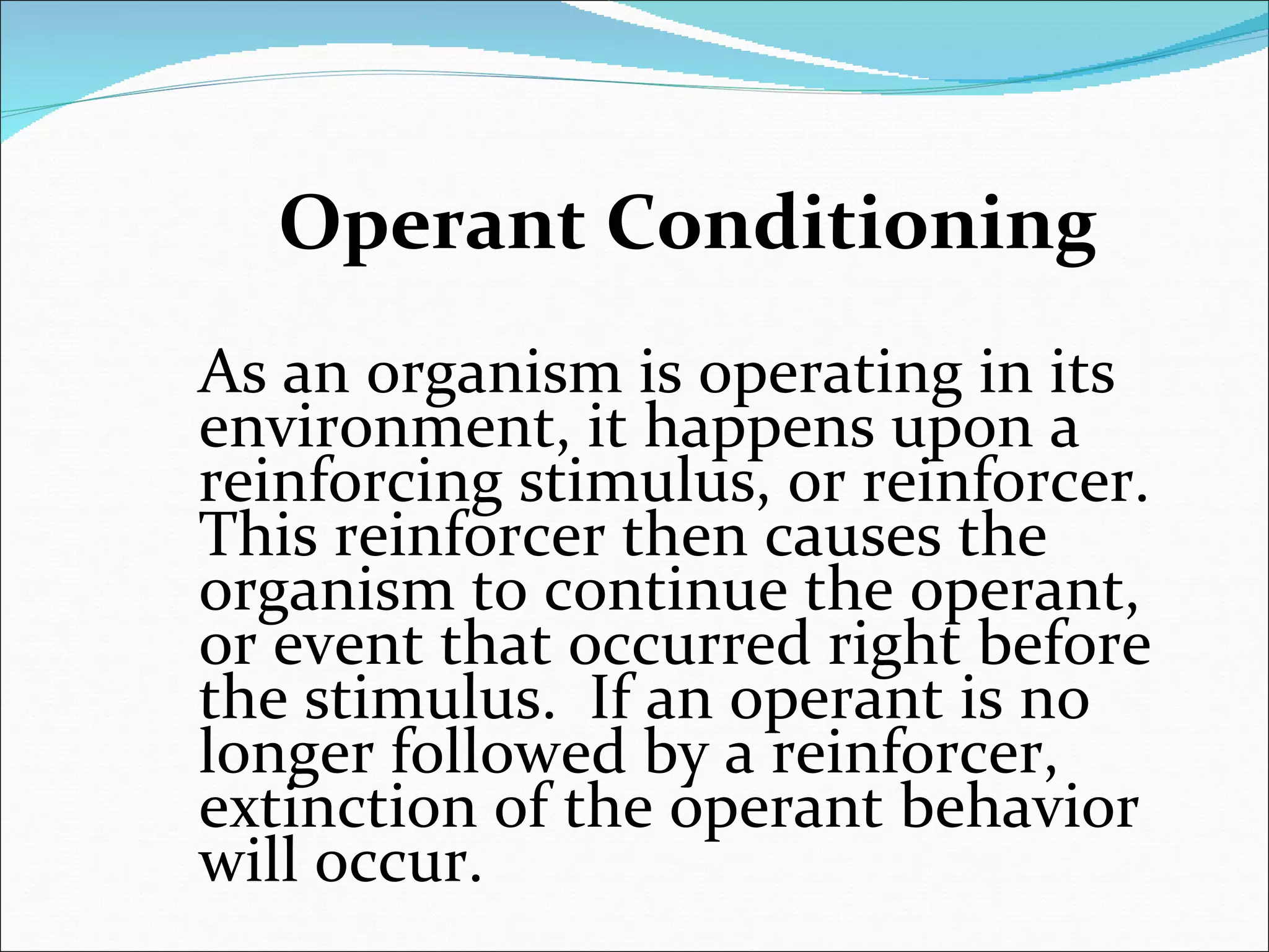 Operant Conditioning As an organism is operating in its environment, it happens upon a reinforcing stimulus, or reinforcer.  This reinforcer then causes the organism to continue the operant, or event that occurred right before the stimulus.  If an operant is no longer followed by a reinforcer, extinction of the operant behavior will occur. 