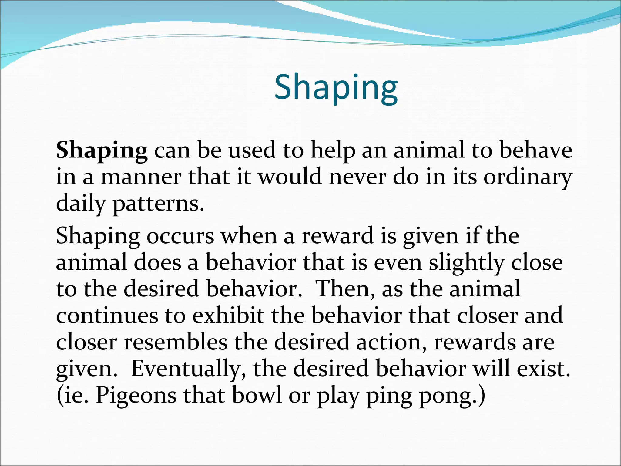 Shaping Shaping  can be used to help an animal to behave in a manner that it would never do in its ordinary daily patterns. Shaping occurs when a reward is given if the animal does a behavior that is even slightly close to the desired behavior.  Then, as the animal continues to exhibit the behavior that closer and closer resembles the desired action, rewards are given.  Eventually, the desired behavior will exist. (ie. Pigeons that bowl or play ping pong.) 