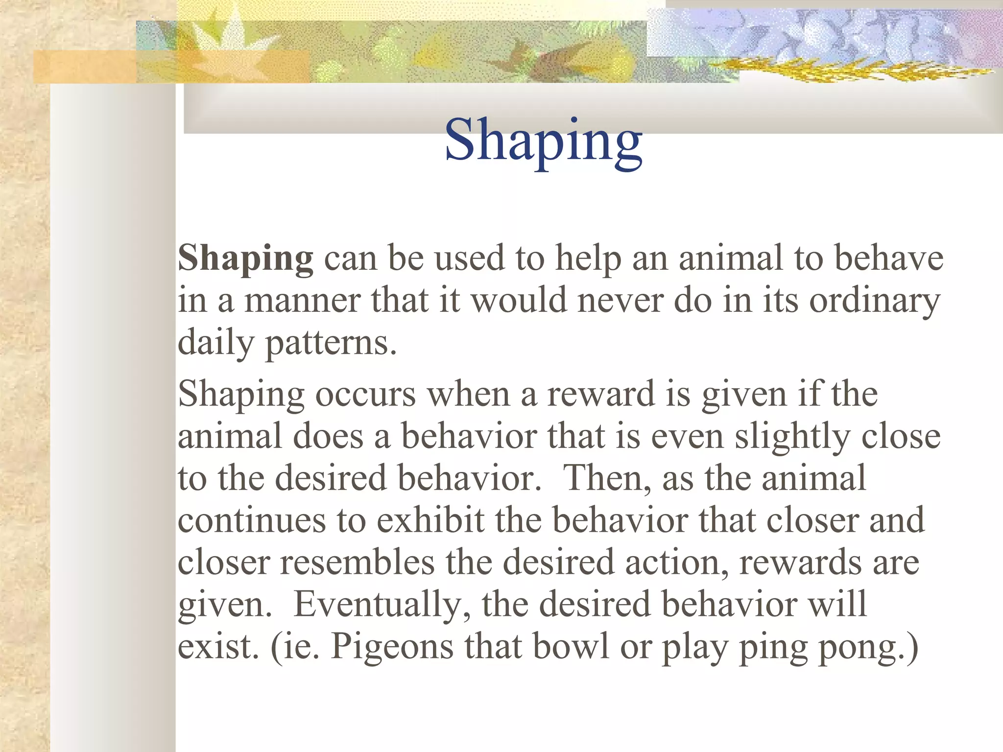 Shaping
Shaping can be used to help an animal to behave
in a manner that it would never do in its ordinary
daily patterns.
Shaping occurs when a reward is given if the
animal does a behavior that is even slightly close
to the desired behavior. Then, as the animal
continues to exhibit the behavior that closer and
closer resembles the desired action, rewards are
given. Eventually, the desired behavior will
exist. (ie. Pigeons that bowl or play ping pong.)
 