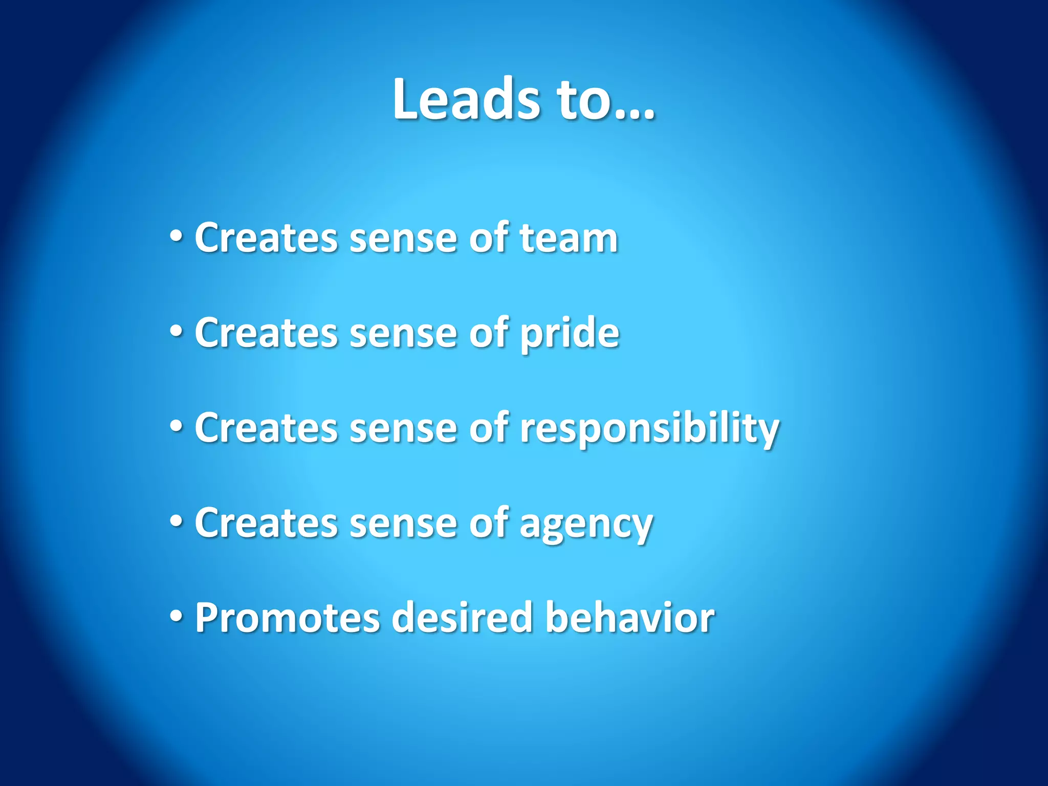 Leads to…
• Creates sense of team
• Creates sense of pride
• Creates sense of responsibility
• Creates sense of agency
• Promotes desired behavior
 
