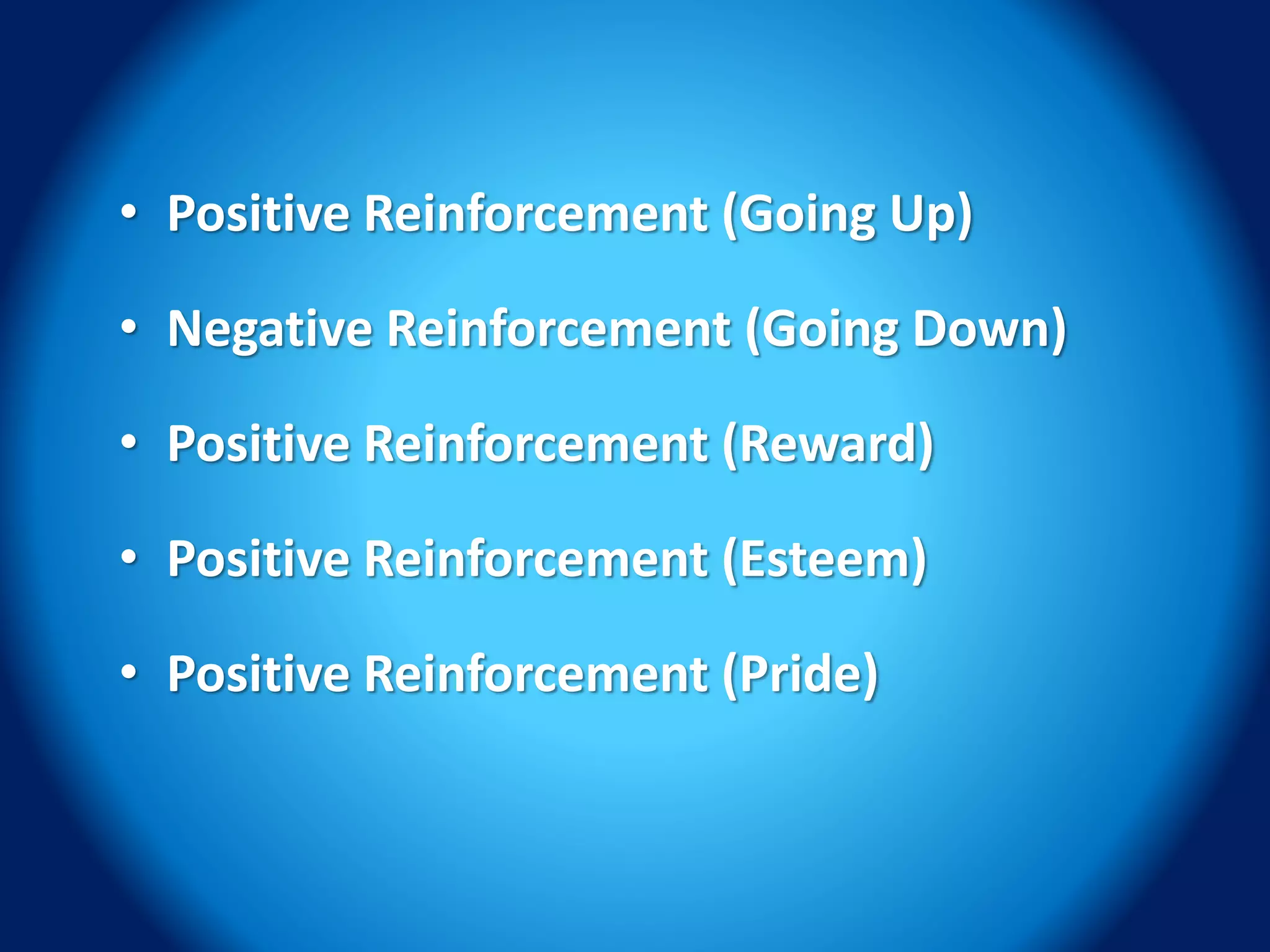 • Positive Reinforcement (Going Up)
• Negative Reinforcement (Going Down)
• Positive Reinforcement (Reward)
• Positive Reinforcement (Esteem)
• Positive Reinforcement (Pride)
 