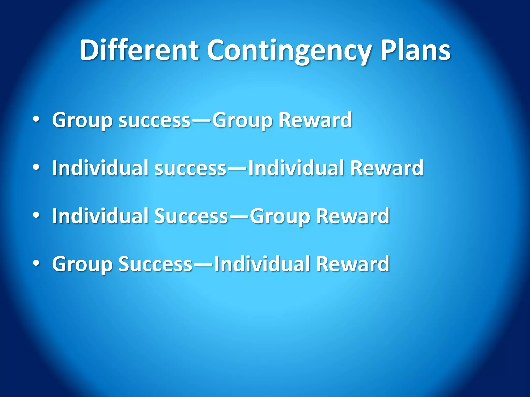 Different Contingency Plans
• Group success—Group Reward
• Individual success—Individual Reward
• Individual Success—Group Reward
• Group Success—Individual Reward
 