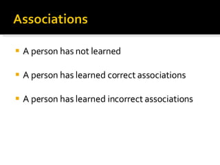 A person has not learned A person has learned correct associations A person has learned incorrect associations 