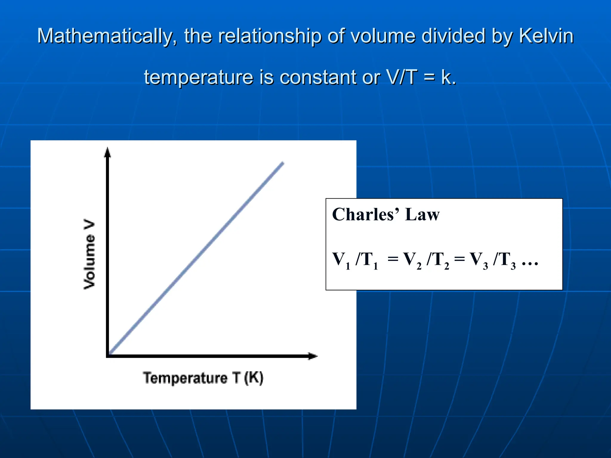 Mathematically, the relationship of volume divided by Kelvin
Mathematically, the relationship of volume divided by Kelvin
temperature is constant or V/T = k.
temperature is constant or V/T = k.
Charles’ Law
V1 /T1 = V2 /T2 = V3 /T3 …
 