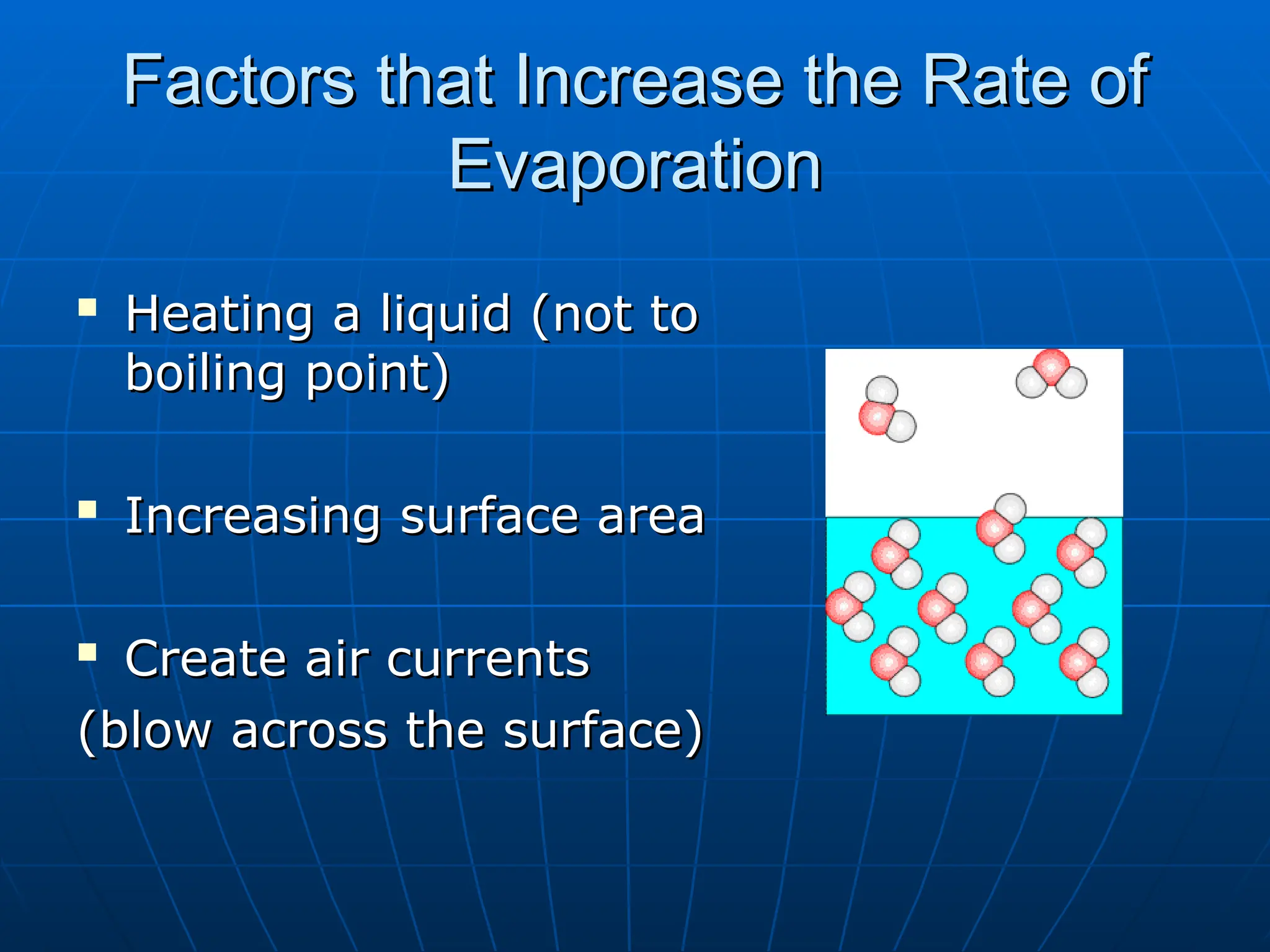 Factors that Increase the Rate of
Factors that Increase the Rate of
Evaporation
Evaporation

Heating a liquid (not to
Heating a liquid (not to
boiling point)
boiling point)

Increasing surface area
Increasing surface area

Create air currents
Create air currents
(blow across the surface)
(blow across the surface)
 