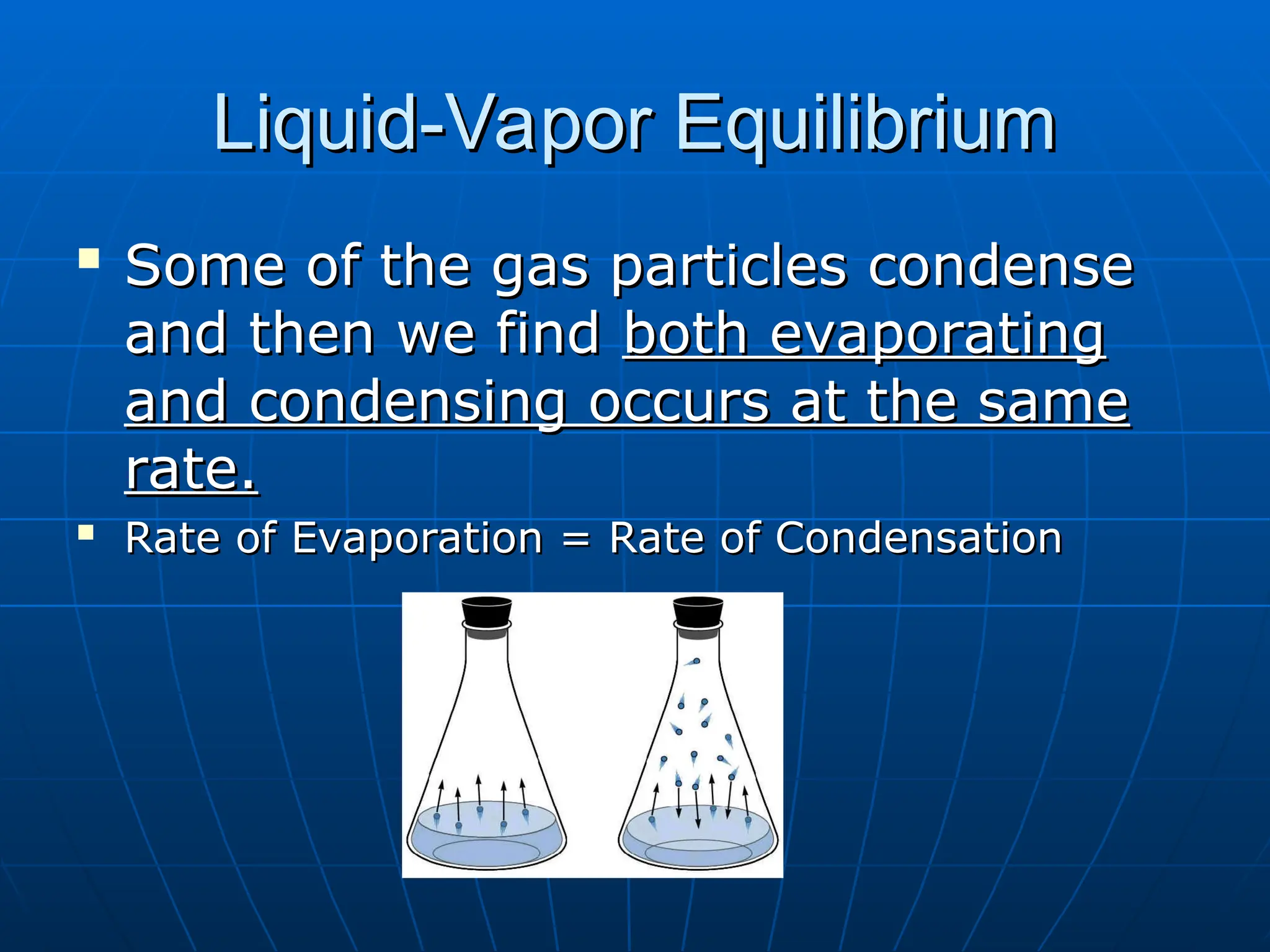 Liquid-Vapor Equilibrium
Liquid-Vapor Equilibrium

Some of the gas particles condense
Some of the gas particles condense
and then we find
and then we find both evaporating
both evaporating
and condensing occurs at the same
and condensing occurs at the same
rate.
rate.

Rate of Evaporation = Rate of Condensation
Rate of Evaporation = Rate of Condensation
 