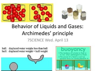 Behavior of Liquids and Gases: Archimedes’ principle 7SCIENCE Wed. April 13 