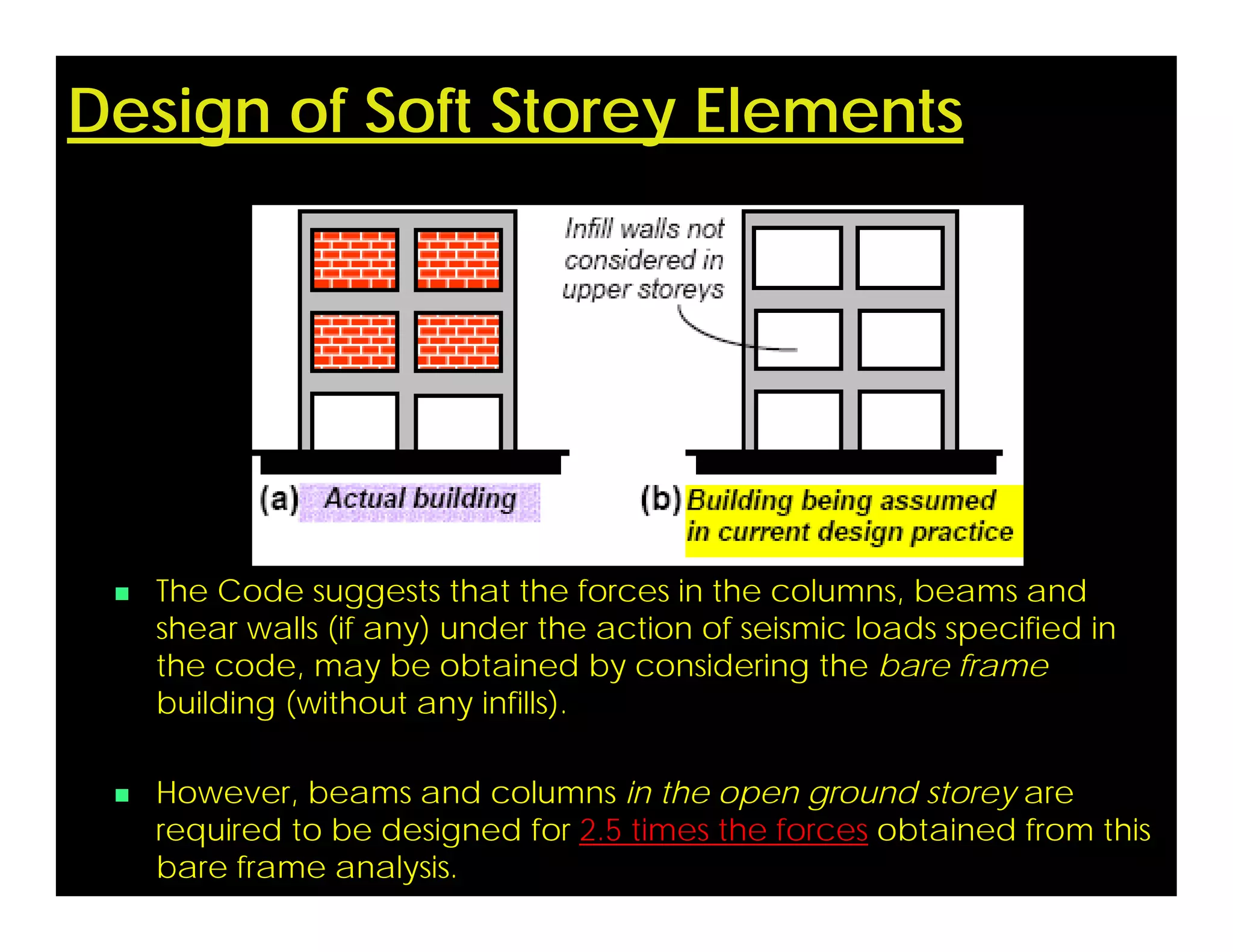 Design of Soft Storey Elements
 The Code suggests that the forces in the columns, beams and
shear walls (if any) under the action of seismic loads specified in
the code, may be obtained by considering the bare frame
building (without any infills).
 However, beams and columns in the open ground storey are
required to be designed for 2.5 times the forces obtained from this
bare frame analysis.
 