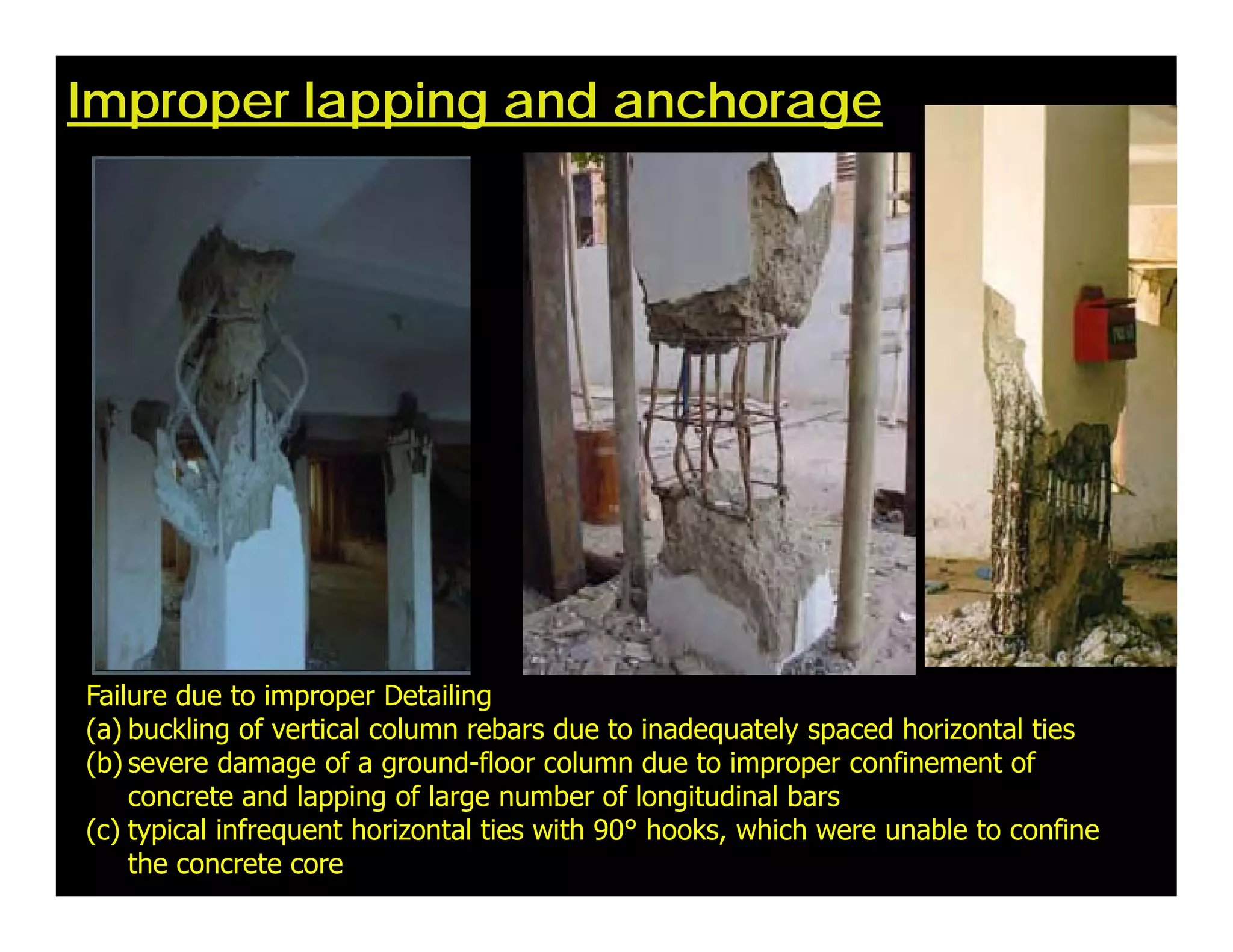 Improper lapping and anchorage
Failure due to improper Detailing
(a) buckling of vertical column rebars due to inadequately spaced horizontal ties
(b) severe damage of a ground-floor column due to improper confinement of
concrete and lapping of large number of longitudinal bars
(c) typical infrequent horizontal ties with 90° hooks, which were unable to confine
the concrete core
 
