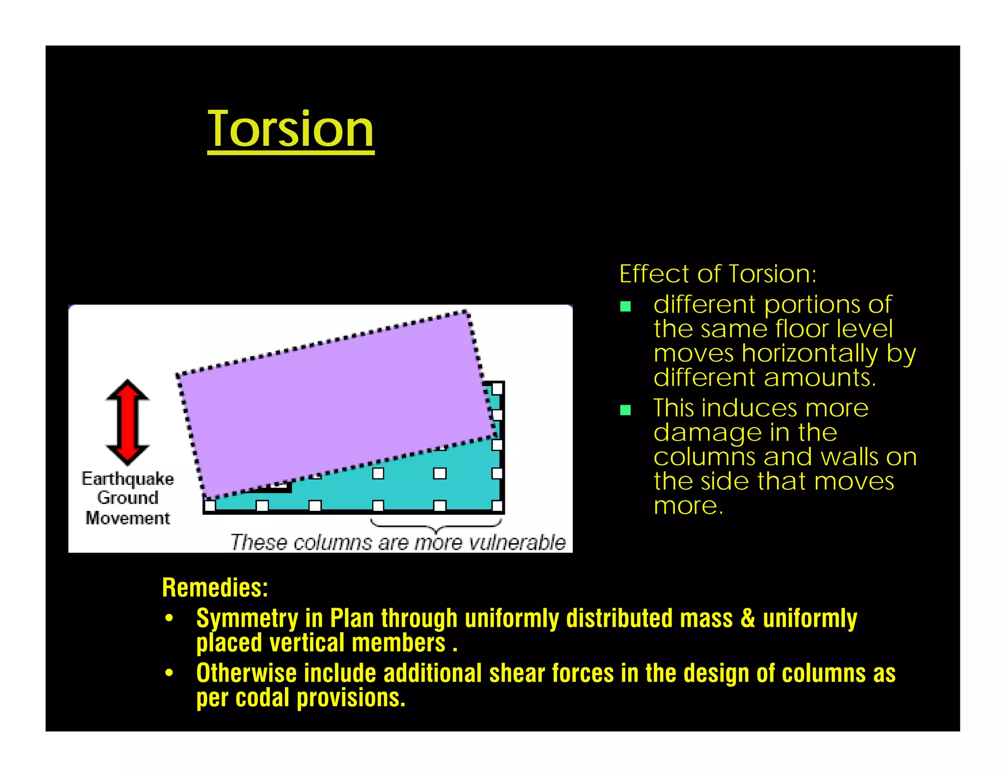 Effect of Torsion:
 different portions of
the same floor level
moves horizontally by
different amounts.
 This induces more
damage in the
columns and walls on
the side that moves
more.
Remedies:
• Symmetry in Plan through uniformly distributed mass & uniformly
placed vertical members .
• Otherwise include additional shear forces in the design of columns as
per codal provisions.
Torsion
 