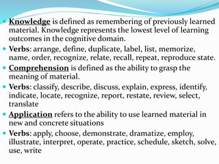  Knowledge is defined as remembering of previously learned
material. Knowledge represents the lowest level of learning
outcomes in the cognitive domain.
 Verbs: arrange, define, duplicate, label, list, memorize,
name, order, recognize, relate, recall, repeat, reproduce state.
 Comprehension is defined as the ability to grasp the
meaning of material.
 Verbs: classify, describe, discuss, explain, express, identify,
indicate, locate, recognize, report, restate, review, select,
translate
 Application refers to the ability to use learned material in
new and concrete situations
 Verbs: apply, choose, demonstrate, dramatize, employ,
illustrate, interpret, operate, practice, schedule, sketch, solve,
use, write
 