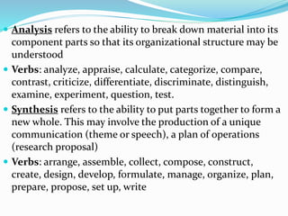  Analysis refers to the ability to break down material into its
component parts so that its organizational structure may be
understood
 Verbs: analyze, appraise, calculate, categorize, compare,
contrast, criticize, differentiate, discriminate, distinguish,
examine, experiment, question, test.
 Synthesis refers to the ability to put parts together to form a
new whole. This may involve the production of a unique
communication (theme or speech), a plan of operations
(research proposal)
 Verbs: arrange, assemble, collect, compose, construct,
create, design, develop, formulate, manage, organize, plan,
prepare, propose, set up, write
 