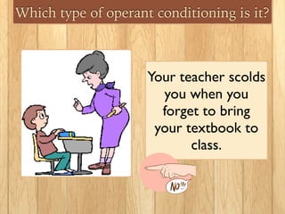 Which type of operant conditioning is it?
Your teacher scolds
you when you
forget to bring
your textbook to
class.
 