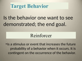 Target Behavior
Is the behavior one want to see
demonstrated; the end goal.
Reinforcer
•Is a stimulus or event that increases the future
probability of a behavior when it occurs. It is
contingent on the occurrence of the behavior.
 