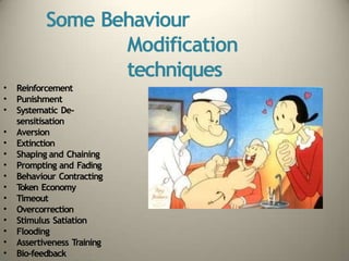 Some Behaviour
Modification
techniques
• Reinforcement
• Punishment
• Systematic De-
sensitisation
• Aversion
• Extinction
• Shaping and Chaining
• Prompting and Fading
• Behaviour Contracting
• T
oken Economy
• Timeout
• Overcorrection
• Stimulus Satiation
• Flooding
• Assertiveness Training
• Bio-feedback
 