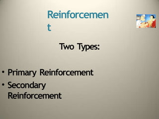 Reinforcemen
t
Two Types:
• Primary Reinforcement
• Secondary
Reinforcement
 