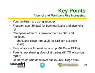 Key Points
                  Alcohol and Marijuana Use Increasing

• Youth/children are using younger
• Frequent use (30 day) for both marijuana and alcohol is
  up
• Perception of harm is down for both alcohol and
  marijuana
   – Marijuana down from 2.05 to 1.81 (on a 3 point
     scale)
• Ease of access for marijuana is up (66.2% to 73.1%)
• Parents are allowing alcohol at parties (54.7% of seniors
  report)
• Of the youth who drink over half (52.6%) binge drink
                                                          30
 