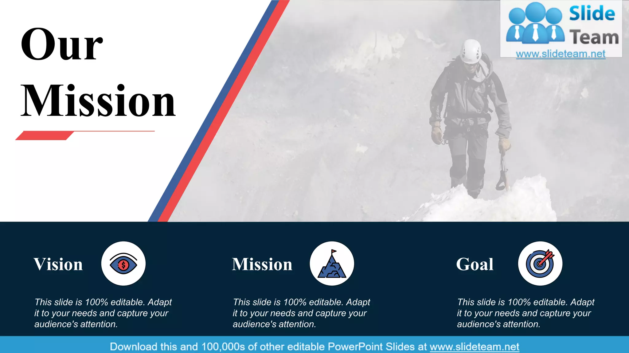 Our
Mission
This slide is 100% editable. Adapt
it to your needs and capture your
audience's attention.
Vision
This slide is 100% editable. Adapt
it to your needs and capture your
audience's attention.
Mission
This slide is 100% editable. Adapt
it to your needs and capture your
audience's attention.
Goal
30
 