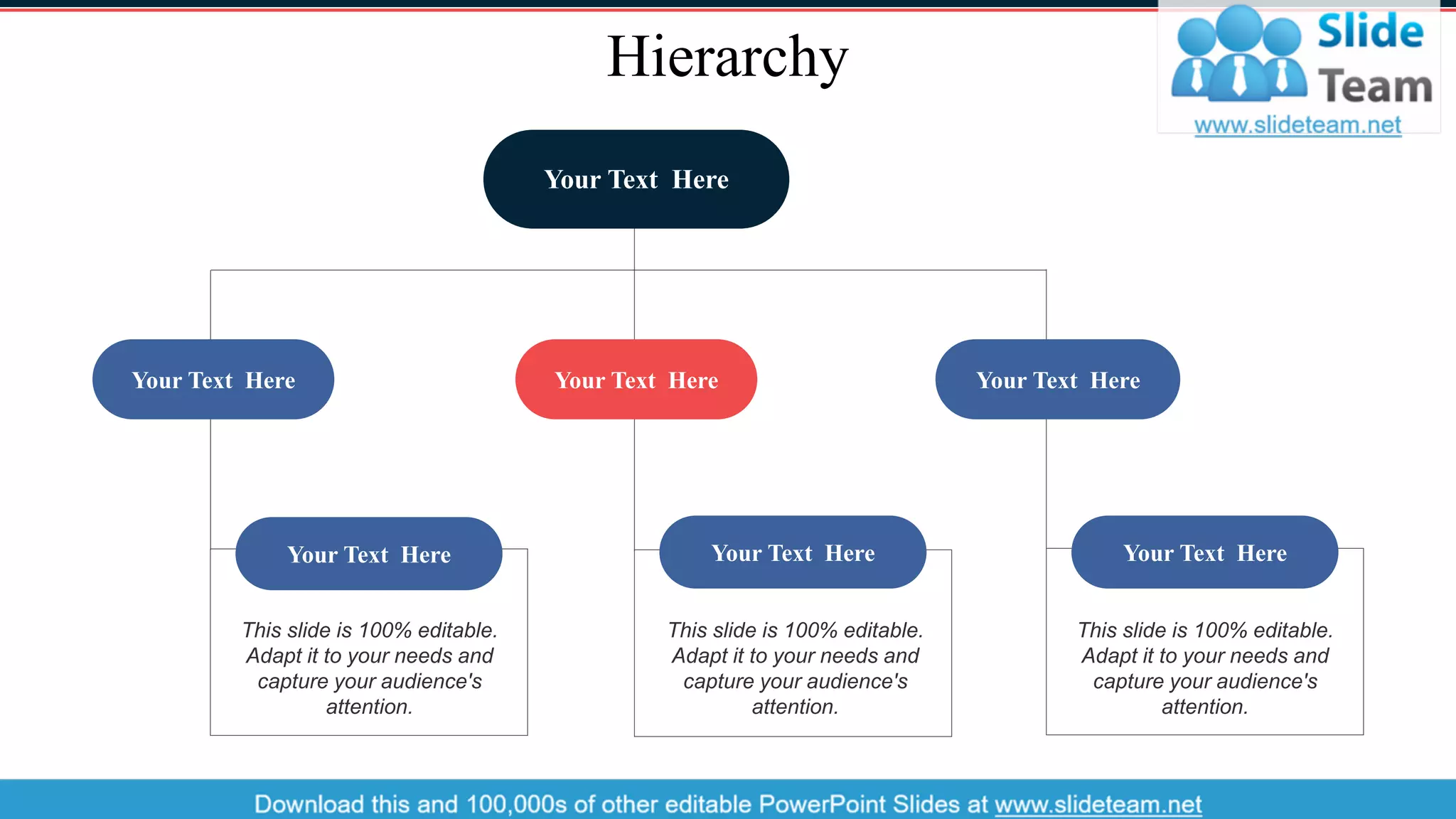Hierarchy
Your Text Here Your Text Here Your Text Here
This slide is 100% editable.
Adapt it to your needs and
capture your audience's
attention.
Your Text Here
This slide is 100% editable.
Adapt it to your needs and
capture your audience's
attention.
Your Text Here
This slide is 100% editable.
Adapt it to your needs and
capture your audience's
attention.
Your Text Here
Your Text Here
45
 