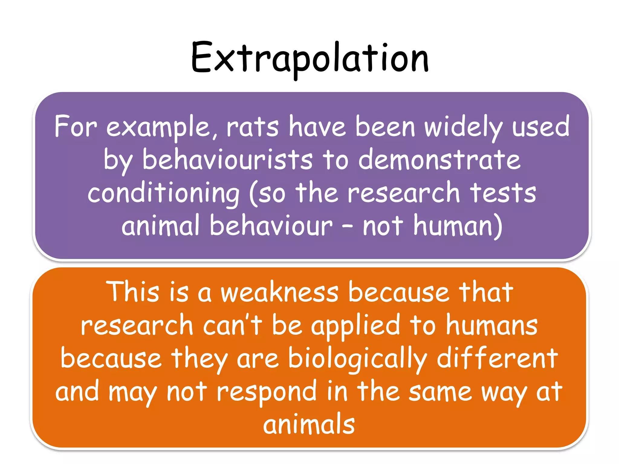 Extrapolation
For example, rats have been widely used
    by behaviourists to demonstrate
  conditioning (so the research tests
     animal behaviour – not human)

    This is a weakness because that
  research can’t be applied to humans
because they are biologically different
and may not respond in the same way at
                 animals
 