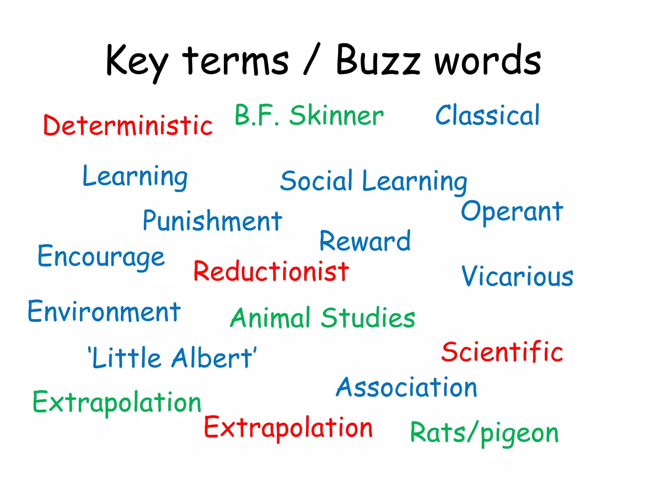 Key terms / Buzz words
 Deterministic B.F. Skinner      Classical

    Learning         Social Learning
          Punishment                Operant
                         Reward
 Encourage
               Reductionist         Vicarious
Environment       Animal Studies
     ‘Little Albert’              Scientific
                          Association
Extrapolation
                Extrapolation Rats/pigeon
 