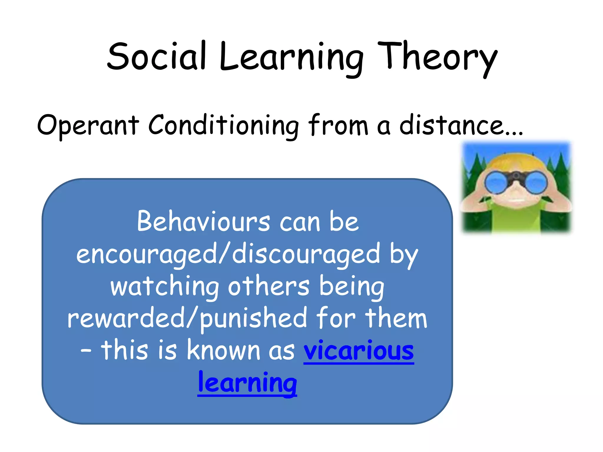 Social Learning Theory
Operant Conditioning from a distance...


        Behaviours can be
   encouraged/discouraged by
      watching others being
  rewarded/punished for them
   – this is known as vicarious
              learning
 