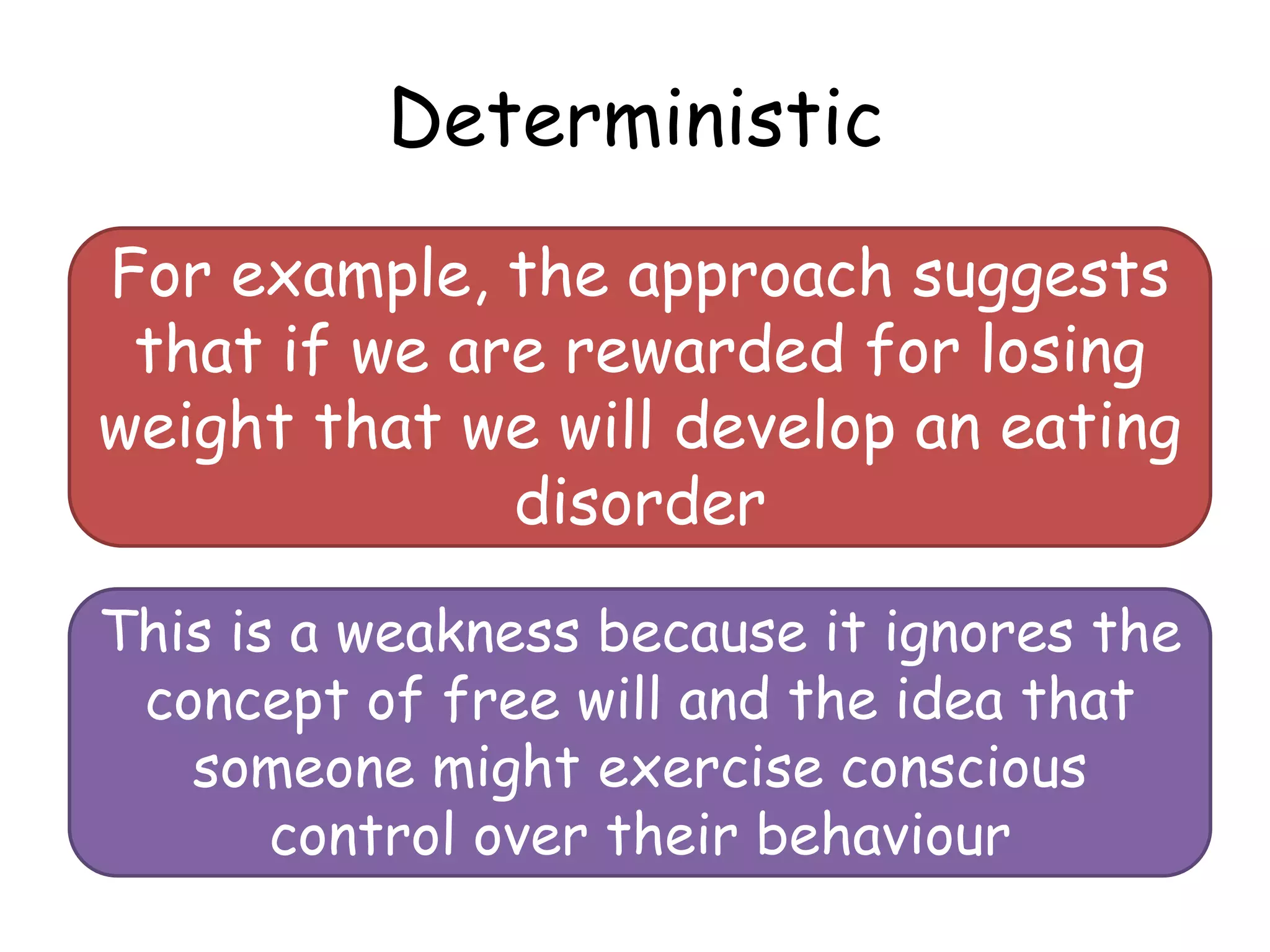 Deterministic
For example, the approach suggests
 that if we are rewarded for losing
weight that we will develop an eating
              disorder

This is a weakness because it ignores the
 concept of free will and the idea that
   someone might exercise conscious
       control over their behaviour
 