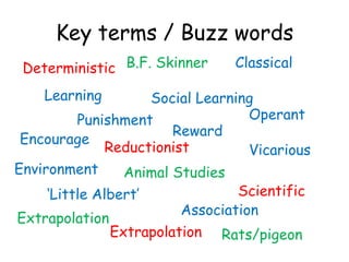 Key terms / Buzz words
 Deterministic B.F. Skinner      Classical

    Learning         Social Learning
          Punishment                Operant
                         Reward
 Encourage
               Reductionist         Vicarious
Environment       Animal Studies
     ‘Little Albert’              Scientific
                          Association
Extrapolation
                Extrapolation Rats/pigeon
 