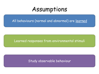 Assumptions
All behaviours (normal and abnormal) are learned




 Learned responses from environmental stimuli




          Study observable behaviour
 