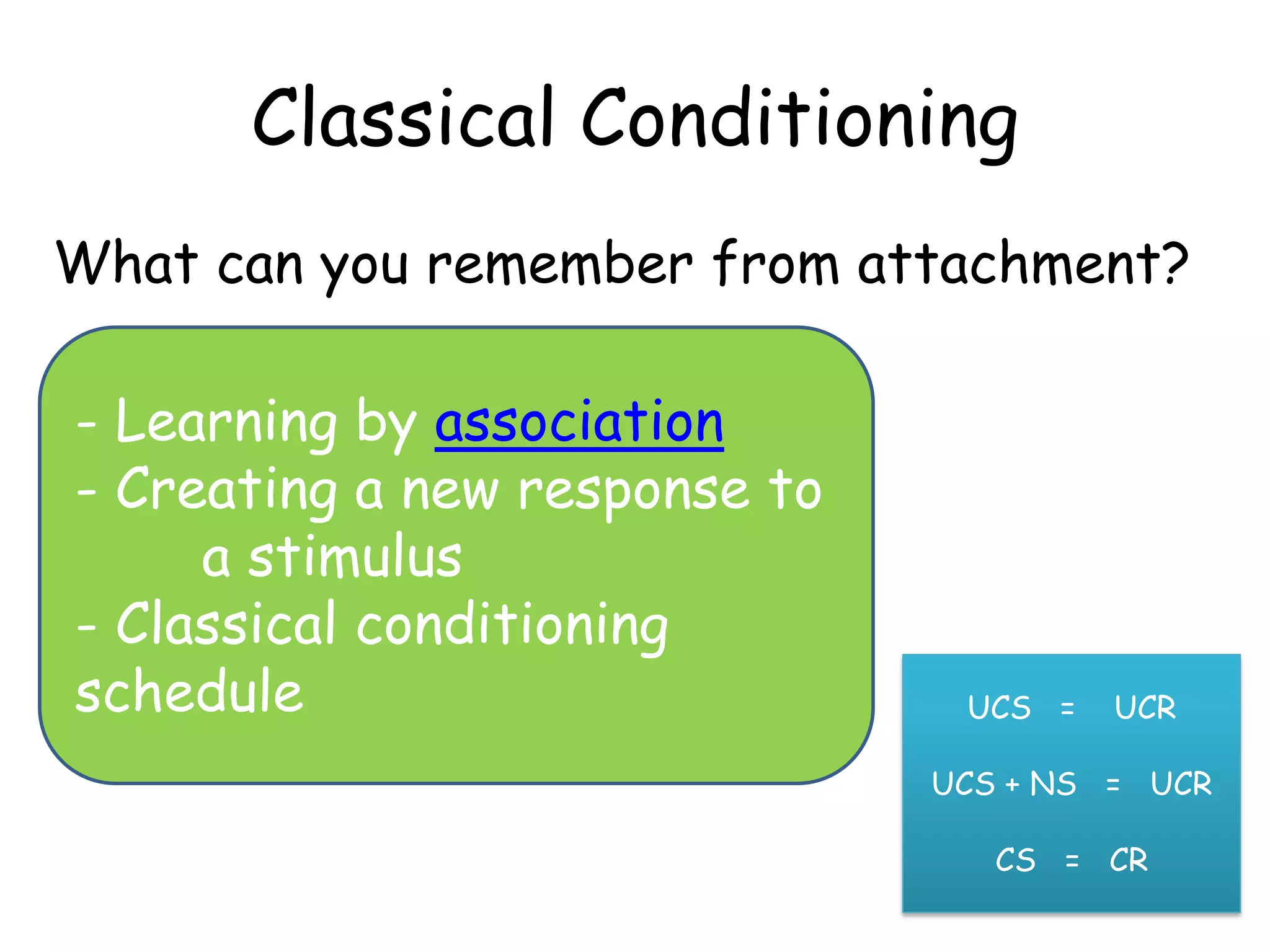 Classical Conditioning
What can you remember from attachment?

- Learning by association
- Creating a new response to
     a stimulus
- Classical conditioning
schedule                        UCS =   UCR

                               UCS + NS = UCR

                                  CS = CR
 