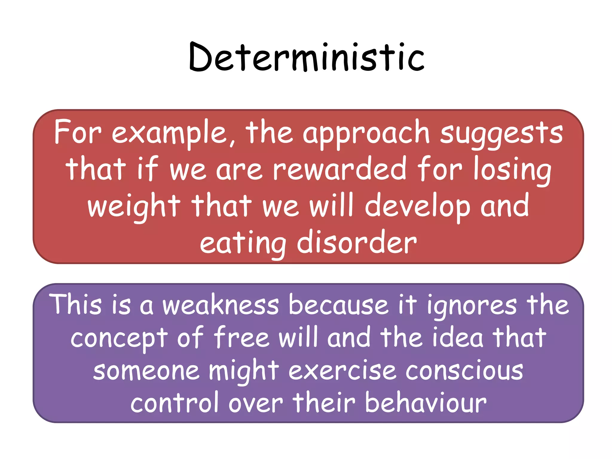 Deterministic
For example, the approach suggests
 that if we are rewarded for losing
  weight that we will develop and
           eating disorder

This is a weakness because it ignores the
 concept of free will and the idea that
   someone might exercise conscious
       control over their behaviour
 